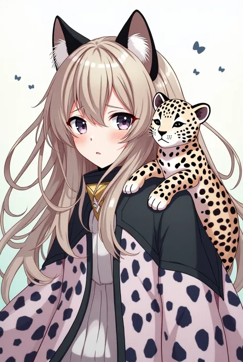  Create a picture of a leopard demi girl in anime style ,She has cheetahs colored hair with leopard ears . her eyes are gray and she is wearing a leopard-colored coat and has a baby leopard on her shoulder.