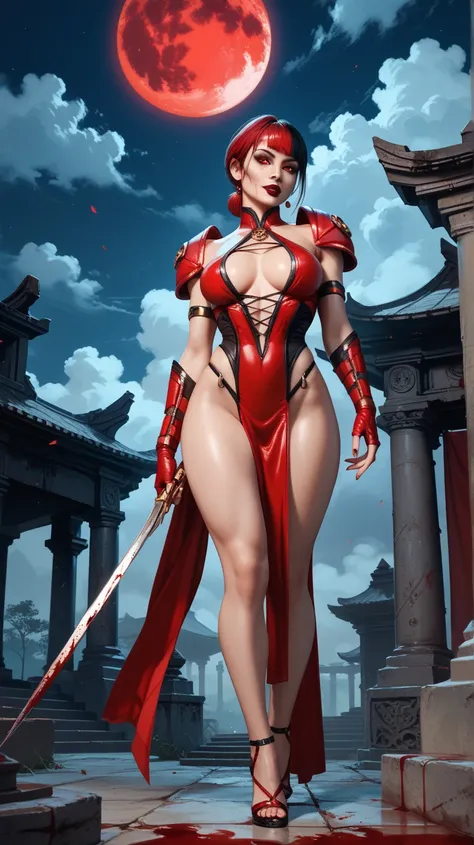 Sexy Skarlet by Mortal Kombat, UHD,  breasts, red eyes, with blood on her body , In the background an abandoned temple ,  at night with clouds and a red moon,  full body 