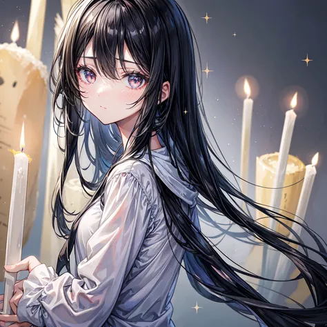 A girl, black hair, straight hair, empty eyes, ((looking at a big candle)), from side, sparkle