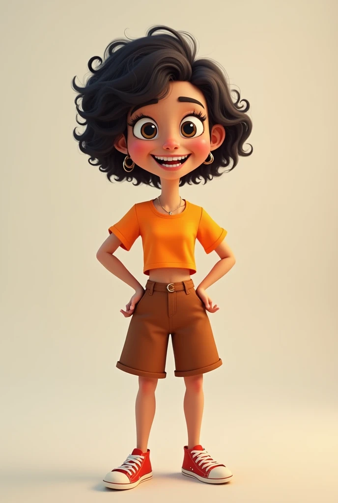 Cartoon of a 50-year-old fair-skinned lady with short curly black hair wearing cropped orange shorts and brown pants