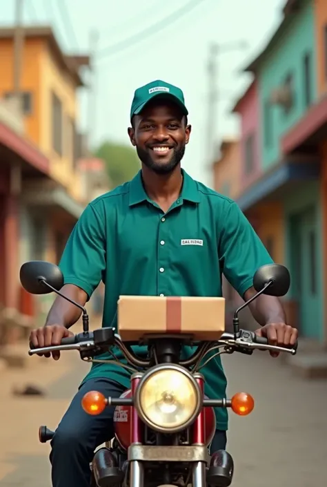 create a image of a delivery man smiling with his delivery motorcycle behind or beside him,his shirt color should be 125B9A,holding delivery box,with background of nigerian street