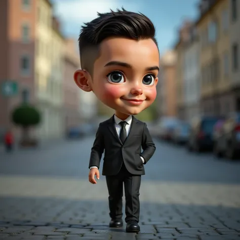 Ronaldo in a suit, small head, extremely detailed skin, walking towards viewer, smiling, blurred background.