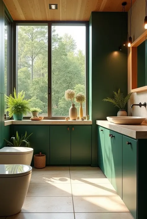 Use forest green for cabinetry or an accent wall, and soft cream tiles for the floor. Incorporate natural materials like wood or stone to enhance the organic feel.
Bathroom