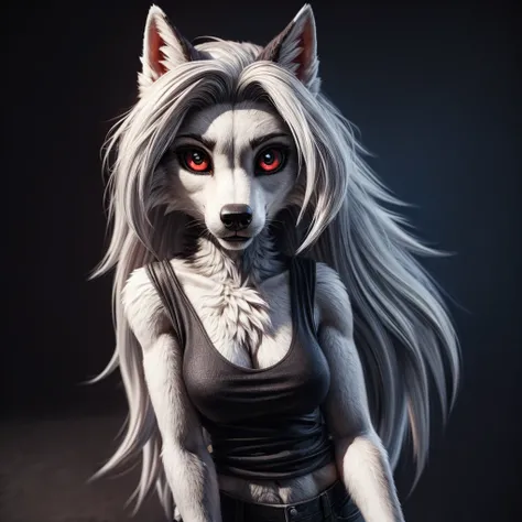 Furry art, breathtaking furry art, realistic furry, anthro white wolf, female wolf, black makeup, red eyes with black sclera, white T-shirt, short jeans, silver hairs, black ears, sensual, loona, claws,(pixelsketcher pikaflufftulf hioshiru artstyle),full b...