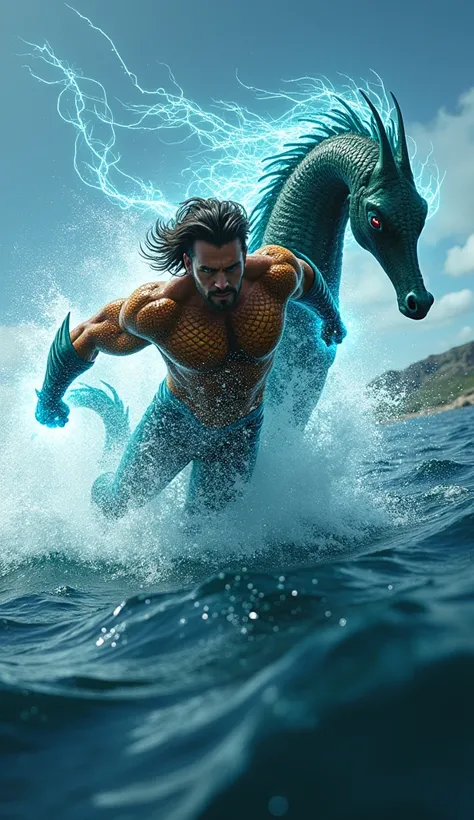 On the screen, the DC hero Aquaman swims fast towards the camera holding the reins of the seahorse, a white electric light comes out of the seahorses eyes, then his whole body is surrounded by electric light, he swims faster and faster, the scenery on both...