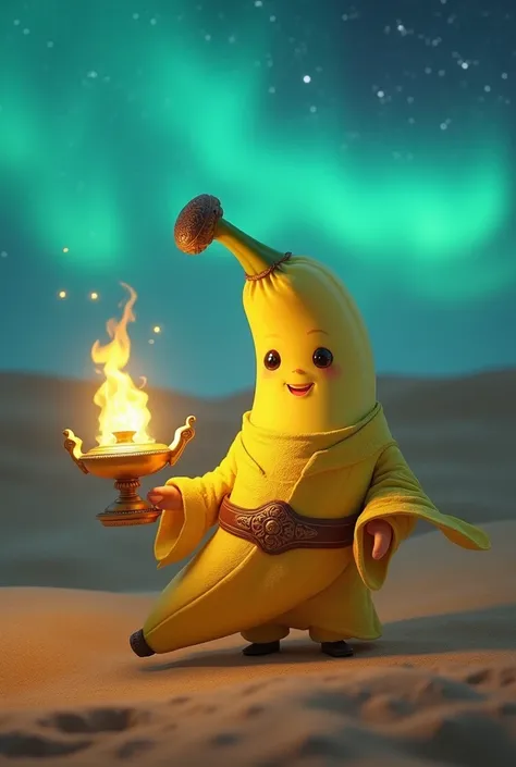 Create a cute baby banana with life  (with a happy and normal facial expression),  mixed with a genie lamp  (with clothes of the same ),  with a magic lamp in hand and in a mystical desert place (with northern lights).