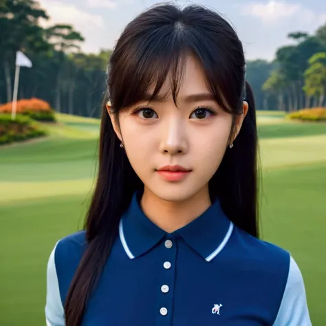  Woman in blue shirt and white skirt holding golf club,  wearing a polo shirt ,  wearing golf shorts ,  uniform simple sky  at the back,  wearing a light blue shirt ,  Pretty cute Korean girl ,  beautiful South Korean woman ,  uniform simple sky , Photo of...