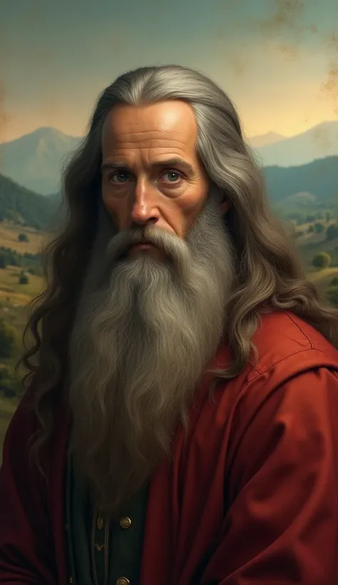  A Renaissance-inspired portrait of Leonardo da Vinci, capturing his enigmatic gaze and flowing beard. The background should be a blurred, ethereal landscape, hinting at the vastness of his imagination and the breadth of his knowledge.