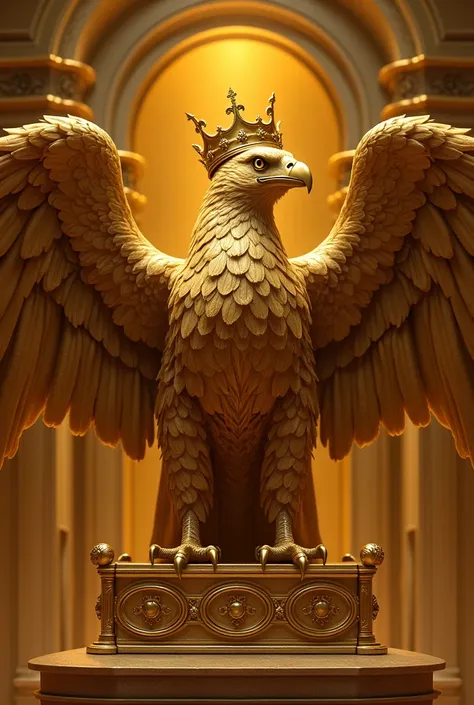 Eagle and crown in gold ,  majestic,  with Nobilitas signature.   image only in colors gold.  ornaments in gold ,  small golden details , Coronation eagle , golden room