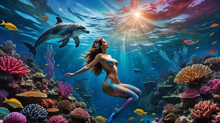 Uma obra de arte digital surreal e fantástica de um vibrante reino underwater e um céu esplêndido. underwater,  intricately molded from marine life and colorful corals , Occupy space . A beautiful and sensual mermaid, plentiful natural breasts,  plunges in...