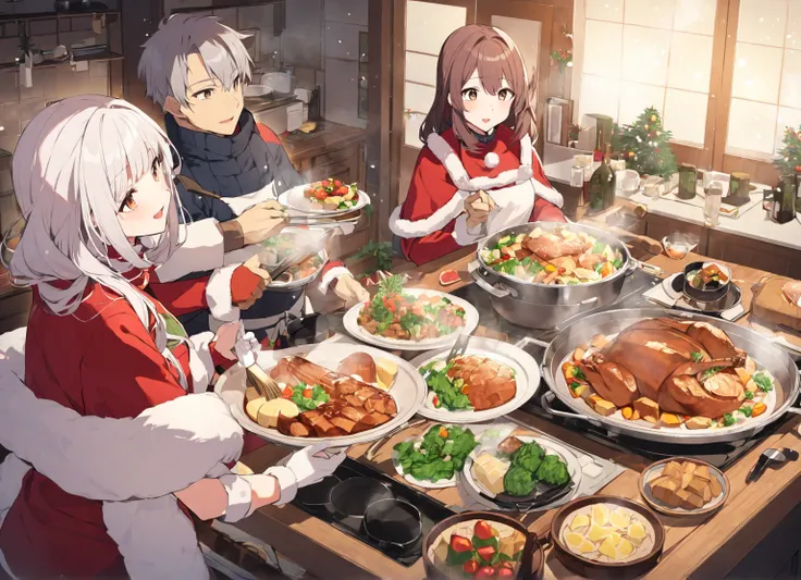 暖かそうな部屋で、 man and woman cooking Christmas dinner for two in a warm room