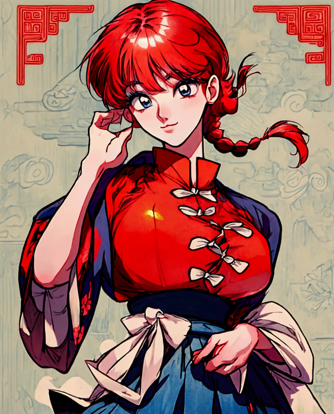 Create Female Ranma, Clear outline, Full body color photo, ( Beautiful and Exquisite Eyes ), ( pretty face:1.3), Wakakis Smiling Face , long red hair， Bangs,  blue-gray eyes ,  big eyes， full breasts ，(Chinese Hansel :horse face long skirt),top: Slim Fit C...