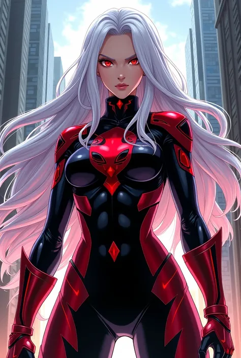 Comic boku no hero :  A woman with white hair and red eyes,  wearing a black and red uniform 