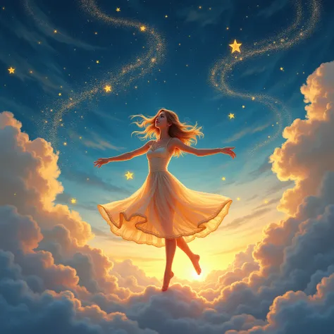  Star Brush Patterns , bright colors, Star Pollen ,  stretches across the whole starry picture ,  Very Beautiful ,  artwork,  The Night Sky Dusk ,  Girl Dances in the Clouds in a Beautiful Dress woven from a Golden Strand of the Finest Material like a fluf...