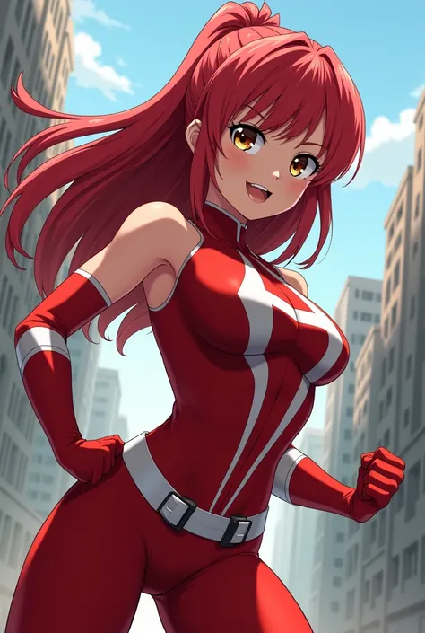 My Hero Academia Style , Anime girl, female, young female ,Full Body Shot,(fighting pose:1.3),Long hair, Red Hair,  Brown Eyes,Hero Suit, Full Body Suit, red suit with white details, perfect anatomy,  Enhanced Abs,super detailed,(Buildings:1.2）