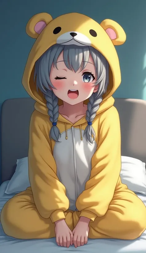   high definition ,  best quality, Gray Hair,hospital, on the bed、 1 girl ,  girl、Kigurumi pajamas、big hood、Yellow pajamas、dog ear pajamas , Very detailed, oversized pajamas,woman,photograph,reality, short hair, braids ,全身photograph, open your mouth slight...