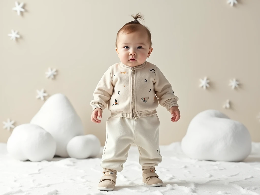 realistic winter set for baby with long pants and long sleeve shirt open at the front with buttons with animal motifs MINIMALIST and shoes that are friendly to the babys feet and with velcro