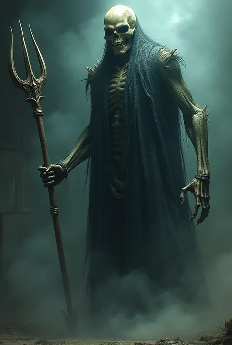 An extremely creepy skull with a trident in the hand standing at the height of a man.