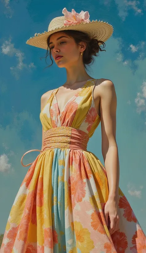 (best quality,realistic,highres:1.2),soft toned, oil painting,impressionistic strokes,From Cubism, Fauvism to Surrealism and Abstractionism, woman, their art concept and pattern all have been embodied in fashion design.Starry Sky background