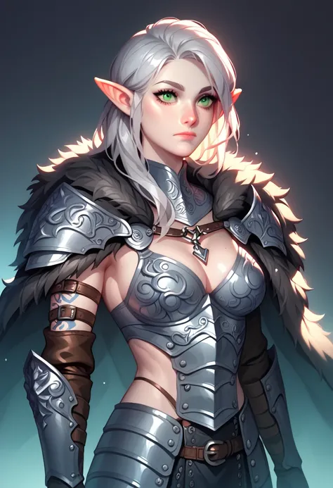 score_9, score_8_up, score_7_up, woman, simple background, dark background, green eyes, gorgeous, elf, fur outfit, black viking outfit, pale skin, solo, dark blue heavy armour, dark blue medieval armour, dark blue chainmail, mythril armour, elven ornaments...