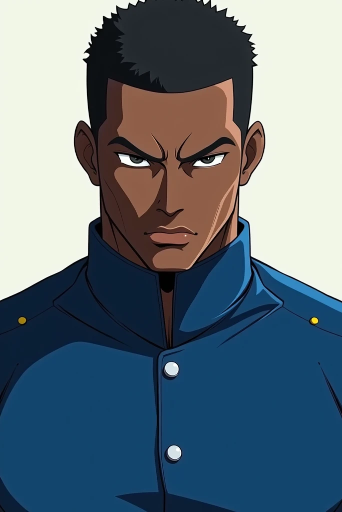 Create a black man,  serious expression , blue clothes,  anime style 