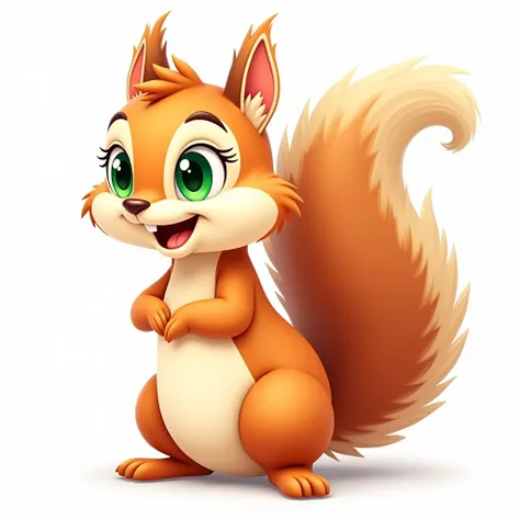 
squirrel, green eyes, cartoon style draw, side