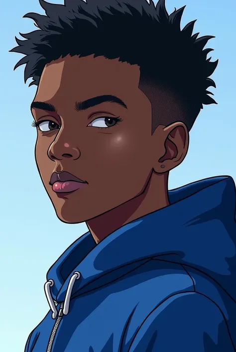 Create an 18-year-old black man,  serious expression , blue clothes,  anime style 