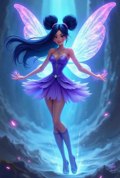 create realistic looking picture inspired by musa from Winx with her dark blue colored long hair in high pigtails in her enchantix transformation