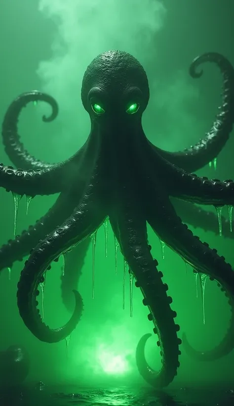 A fierce black octopus with glowing green eyes and sharp tentacles, dripping with eerie green liquid, emerging menacingly from an eerie green mist, cinematic composition, photorealistic details, intense focus on the octopus’s expression, dark and mysteriou...