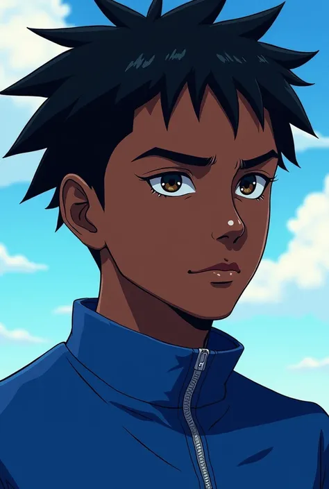 Create an 18-year-old black man,  serious expression , blue clothes,  anime style 