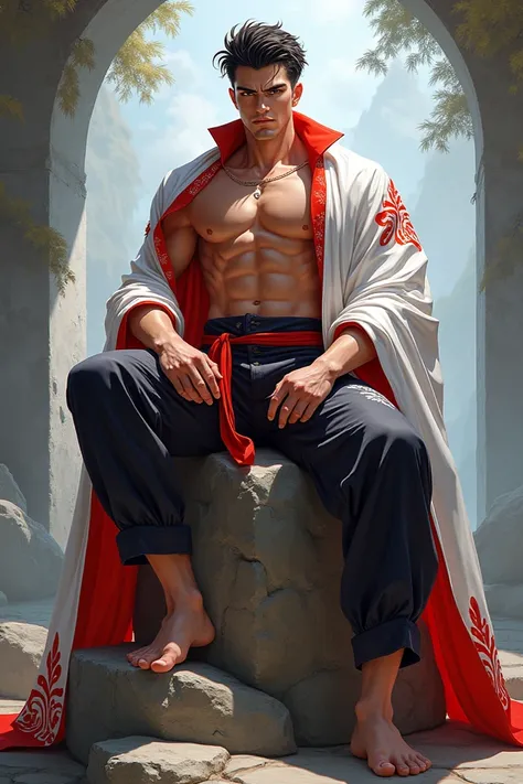 A very handsome anime man looks seductively sitting on a stone wearing long white and red clothes, muscular but not so much.