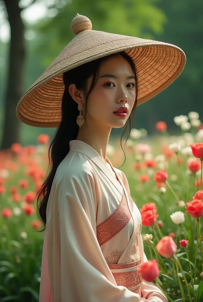 asian girl, wearing a noble hat in a beautiful flower garden cinematography 8kuhd hyper realist ultra 4hdnatural