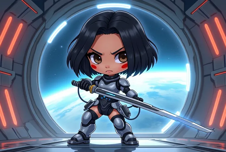 Create a full-body illustration in chibi style/ Cartoon of a cyborg character inspired by Alita from the movie Cyber Alita : Battle Angel .  She has light skin with a peach tone ,  straight chin-length black hair,  large dark brown eyes and a horizontal re...