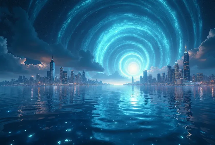 A large expanse of water in space, with images of beautiful earth cities reflected in it.