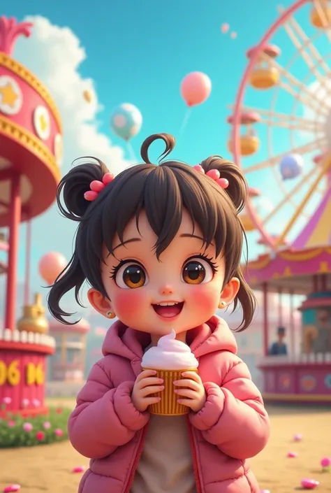 Adorable anime baby girl,1girl,extremely detailed eyes and face,beautiful detailed lips,longeyelashes,cute,happy expression,amusement park, ferris wheel, carousel, cotton candy, balloons, detailed environment, vibrant colors, soft lighting, (best quality,4...