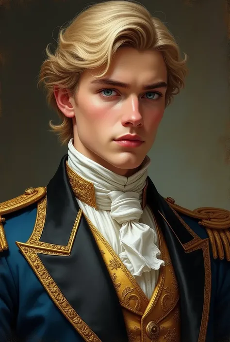  Make a picture of a blond man ,  tall trus rich his traditional shirt rich royal suit, blue eyes, the shirt has details of gold details , young man,  her skin is rich pucet, and her face is plain  
