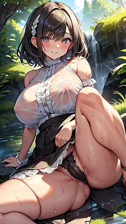 8k、 best quality 、MAXIMUM CLARITY  、  very detailed、Beautiful art、  very detailed、  biologically correct body  、maternal、 super big boobs 、(((   luxurious ruffled and delicately embroidered lace panties that show through the skin through wet clothes)))、 hi...