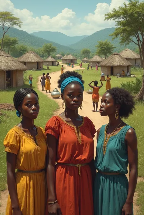 A peaceful African village with small, traditional houses surrounded by lush greenery. The villagers are busy with daily tasks—women fetching water, ren playing, and men working in farms. In the foreground, three young women stand together, dressed simply ...