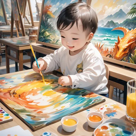 A  baby smiling at a finished painting while sitting at a table. he is drinking a square-shaped orange juice using a straw. intricate water painting of version of a tyranosaurus and a tricetopes. he is an artist. master painting, art station, oil painting,...