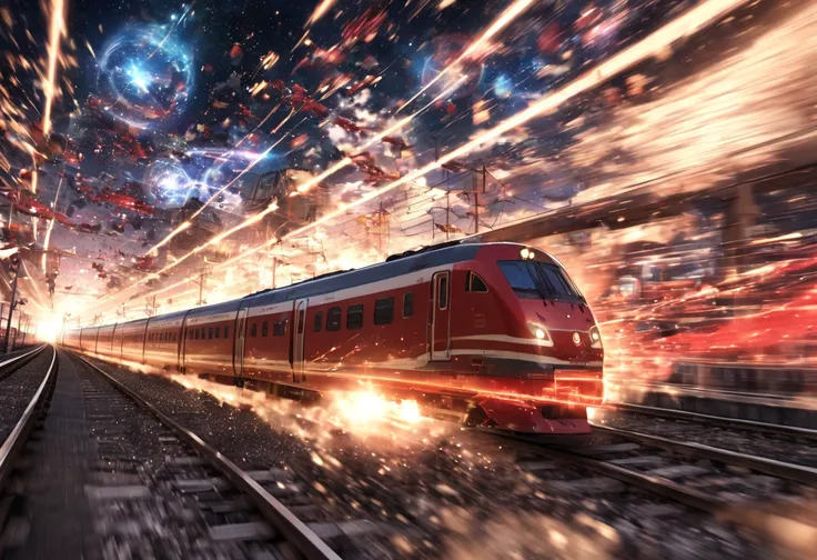 A train that transcends time and space ,  runs on rails of light(( motion blur:2.0 , Crimson Blitz Effects:1.5 , backgroundぼかし)) , background:A warped world of space-time  , bullet train