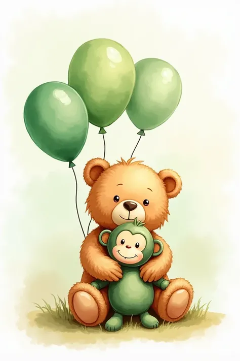 Seated teddy bear cuddly light brown watercolor shades wearing a monkey in light green watercolor and holding several balloons in watercolor green tones