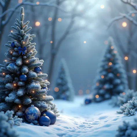 Faça uma background para arte, Christmas style, It must have navy blue and white colors .  The Christmas tree will be on the left side, Only your garments and ornaments appear in the same navy blue colors, white and gold,  appear with a simple snow on the ...