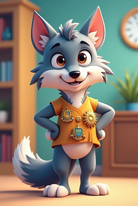 Cartoon Wolf Holding Badges
