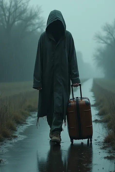  A  is walking on a rain-wet road.  Her face is completely hidden under her clothes , only the eye is visible .  The girl drags a huge suitcase with her 