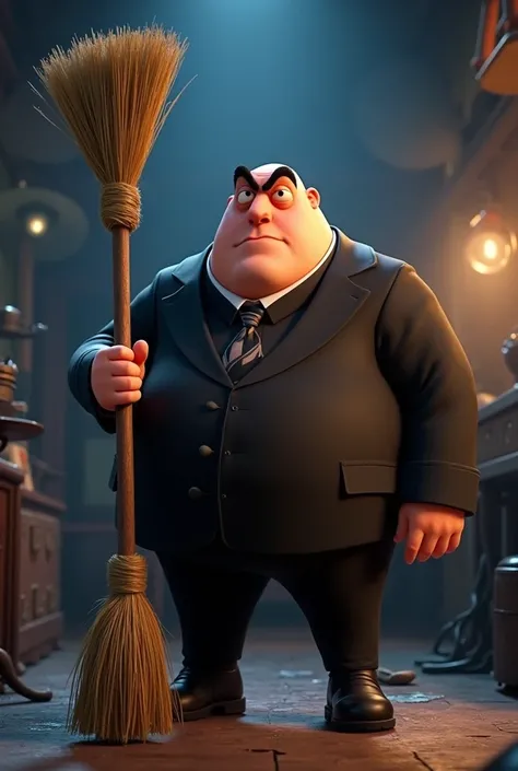 Create an image of Gru, From Despicable Me , holding a broom