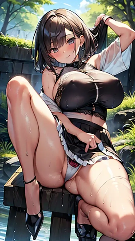 8k、 best quality 、MAXIMUM CLARITY  、  very detailed、Beautiful art、  very detailed、  biologically correct body  、maternal、 super big boobs 、(((   luxurious ruffled and delicately embroidered lace panties that show through the skin through wet clothes)))、 hi...