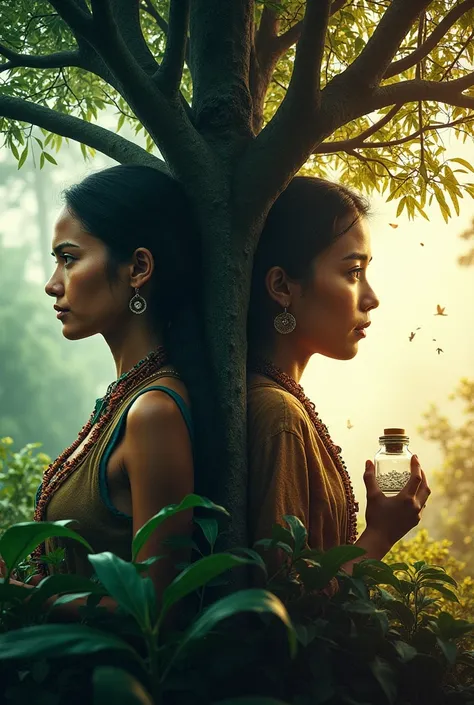  I want a movie poster , the title of the movie is  "Between Eras ".
 The visual content is basically the photo of an indigenous couple on one side of the poster that is separated by a tree, on that side where they are it has to be a green and living fores...