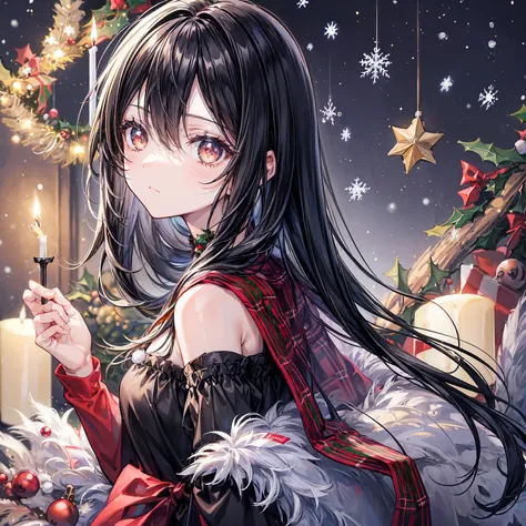 A girl, black hair, straight hair, empty eyes, ((her eyes focus to a christmas candle: 1.3)), from side, sparkle, under the starry sky