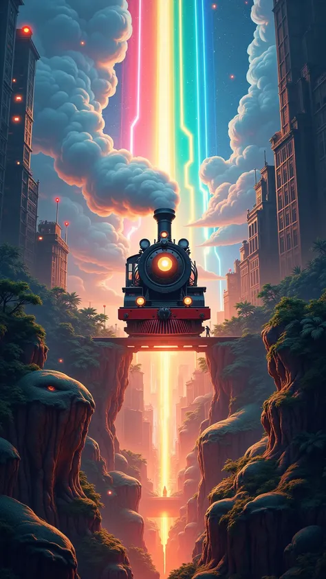 (Masterpiece: 1.2, High Quality, High Definition, 4k, 8k, Detail, Aesthetics: 1.2), the vertical 9:16 ratio illustration is split horizontally in the center. In the center is a bright fiery rainbow line symbolizing a rift in time. Above the line is a futur...