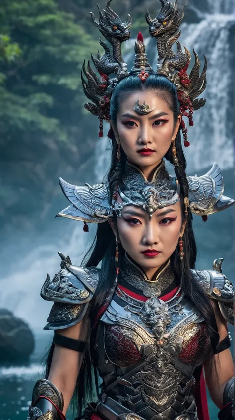 Close-up of an ancient Asian female warrior of Thai, Japanese, and Korean origin. High ponytail, crown braid, silver-black dye, dark red highlights, slightly wavy ponytail, silver chain accents. Makeup Satin foundation, smoky red eyes, sharp eyeliner. Meta...